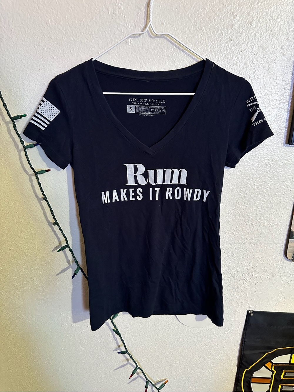 Grunt Style Black V-Neck Tee with White 'Rum Makes It Rowdy' Print